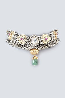Oxidised Finish Kundan Polki & Natural Stone Choker Necklace