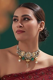 Oxidised Finish Kundan Polki & Natural Stone Choker Necklace
