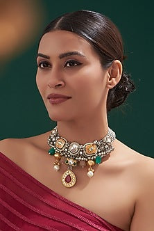 Oxidised Finish Kundan Polki & Natural Stone Choker Necklace