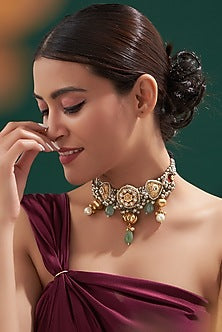 Oxidised Finish Kundan Polki & Natural Stone Choker Necklace