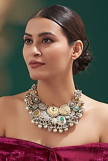 Oxidised Finish Kundan Polki & Natural Stone Necklace