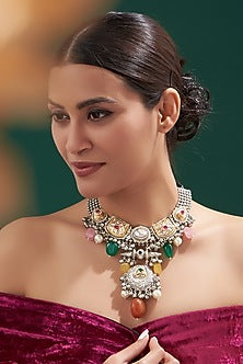 Oxidised Finish Kundan Polki & Natural Stone Necklace