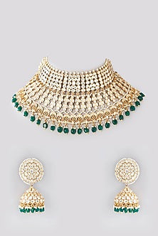 Gold Plated Kundan Polki & Emerald Pearl Drop Necklace Set