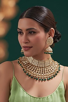 Gold Plated Kundan Polki & Emerald Pearl Drop Necklace Set