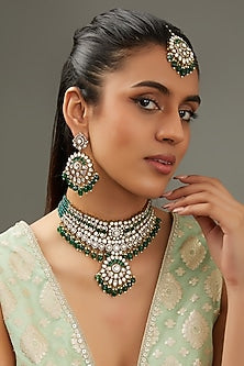 Black Rhodium Finish Kundan Polki & Pearl Necklace Set