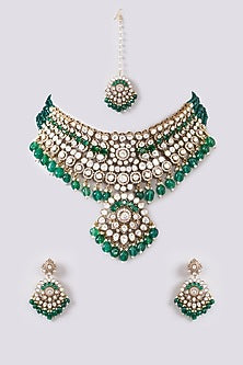 Black Rhodium Finish Kundan Polki & Pearl Necklace Set