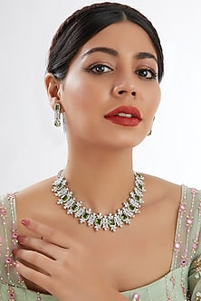 White Finish Diamond & Light Green Stone Necklace Set