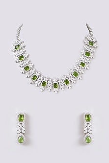 White Finish Diamond & Light Green Stone Necklace Set