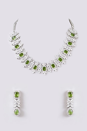 White Finish Diamond & Light Green Stone Necklace Set