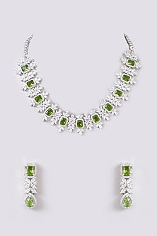 White Finish Diamond & Light Green Stone Necklace Set