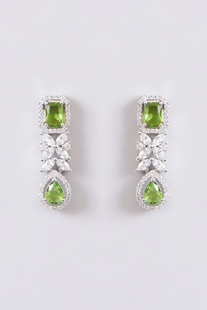 White Finish Diamond & Light Green Stone Necklace Set