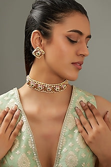 Gold Finish Kundan Polki & Green Stone Necklace Set