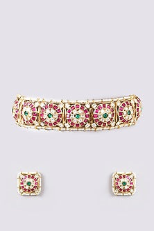 Gold Finish Kundan Polki & Green Stone Necklace Set