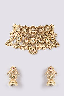 Gold Finish Kundan Polki & Stone Necklace Set