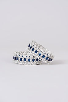 White Finish Faux Diamond & Sapphire Stone Bangles (Set of 2)