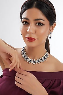 White Finish Faux Diamond & Blue Stone Necklace Set