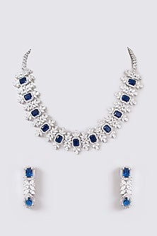White Finish Faux Diamond & Blue Stone Necklace Set