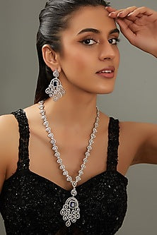 White Finish Faux Diamond & Blue Stone Necklace Set