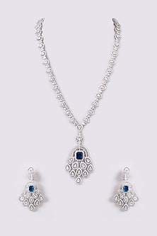 White Finish Faux Diamond & Blue Stone Necklace Set
