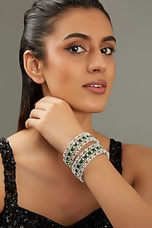 White Finish Faux Diamond & Green Stone Bangles (Set of 2)