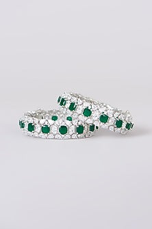 White Finish Faux Diamond & Emerald Stone Bangles (Set of 2)
