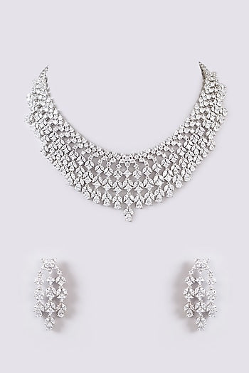 White Finish Faux Diamond Necklace Set