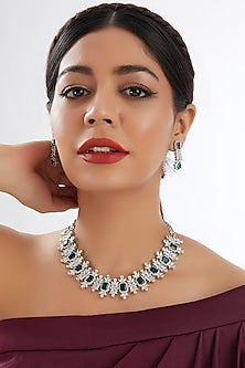 White Finish Faux Diamond & Green Stone Necklace Set