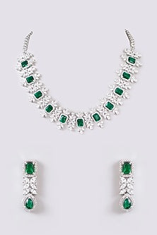 White Finish Faux Diamond & Green Stone Necklace Set