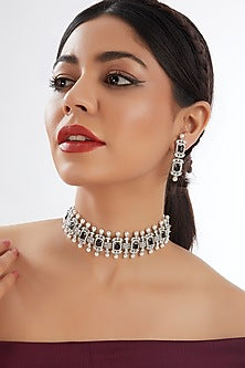 White Finish Faux Diamond & Black Stone Necklace Set
