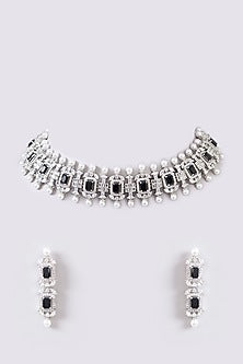White Finish Faux Diamond & Black Stone Necklace Set