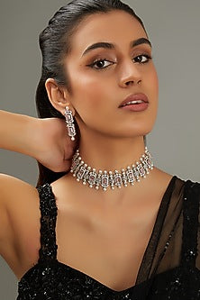 White Finish Faux Diamond & Pink Stone Necklace Set