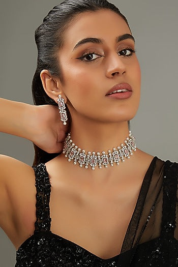 White Finish Faux Diamond & Pink Stone Necklace Set