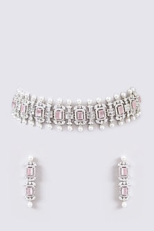 White Finish Faux Diamond & Pink Stone Necklace Set