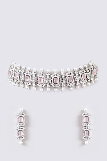 White Finish Faux Diamond & Pink Stone Necklace Set
