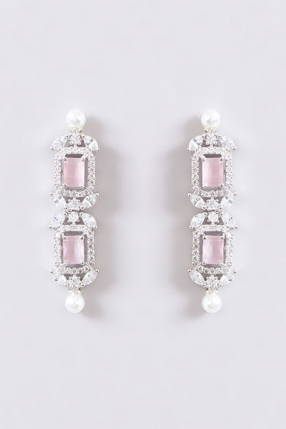 White Finish Faux Diamond & Pink Stone Necklace Set