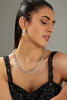 White Finish Faux Diamond & Peach Stone Necklace Set