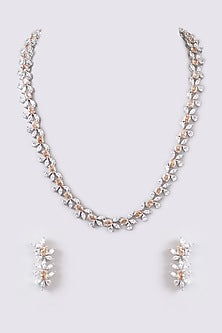 White Finish Faux Diamond & Peach Stone Necklace Set