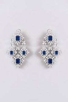 White Finish Faux Diamond & Blue Stone Dangler Earrings