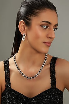 White Finish Faux Diamond & Black Stone Necklace Set