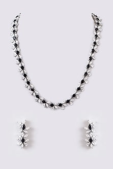 White Finish Faux Diamond & Black Stone Necklace Set
