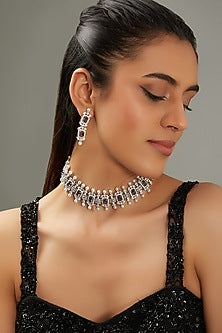 White Finish Faux Diamond & Purple Stone Necklace Set