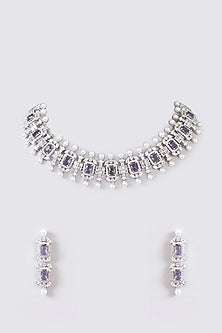 White Finish Faux Diamond & Purple Stone Necklace Set