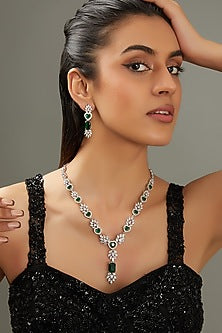 White Finish Faux Diamond & Green Stone Long Necklace Set