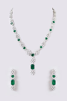 White Finish Faux Diamond & Green Stone Long Necklace Set