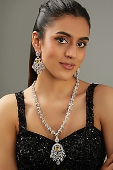 White Finish Faux Diamond & Yellow Stone Long Necklace Set