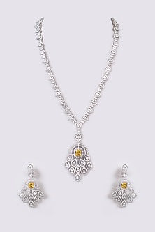 White Finish Faux Diamond & Yellow Stone Long Necklace Set