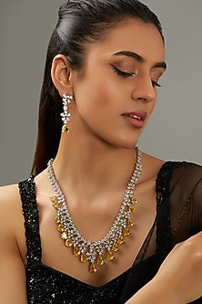White Finish Faux Diamond & Yellow Stone Long Necklace Set