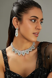 White Finish Faux Diamond & Blue Stone Necklace Set