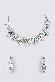 White Finish Faux Diamond & Blue Stone Necklace Set
