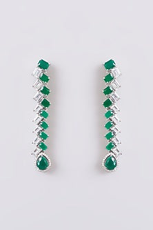 White Finish Faux Diamond & Green Stone Dangler Earrings